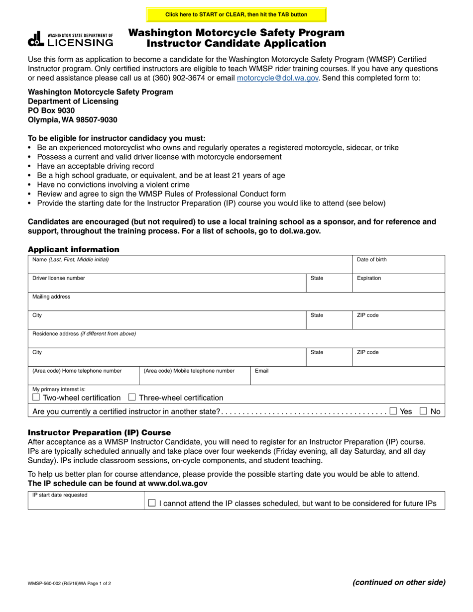 Form WMSP-560-002 Washington Motorcycle Safety Program Instructor Candidate Application - Washington, Page 1