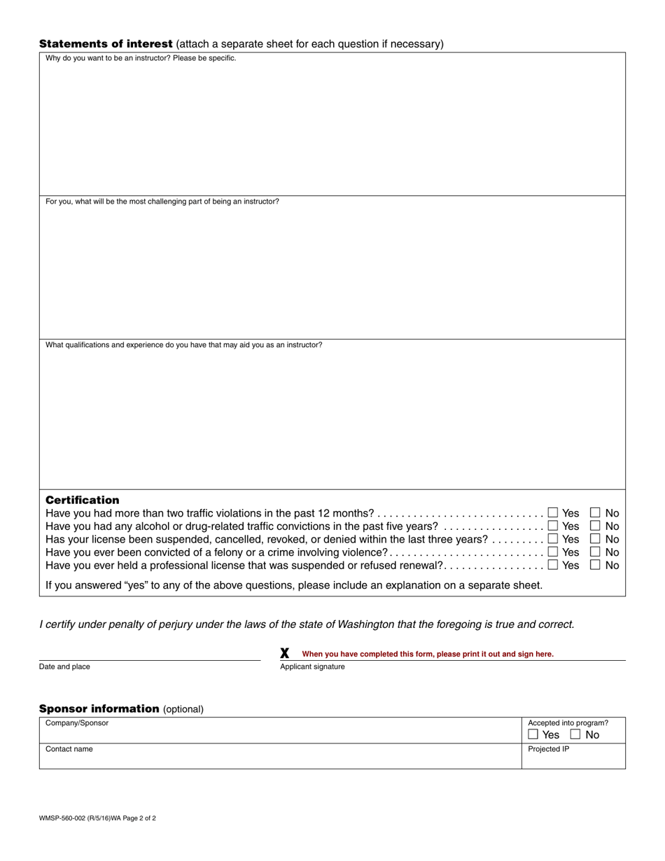Form WMSP-560-002 Washington Motorcycle Safety Program Instructor Candidate Application - Washington, Page 2