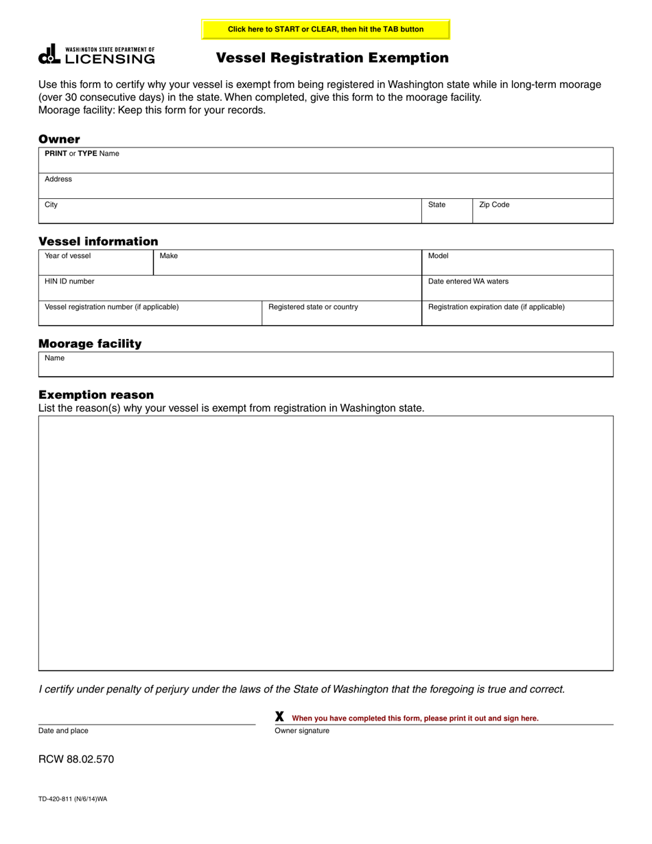 Form TD-420-811 Vessel Registration Exemption - Washington, Page 1
