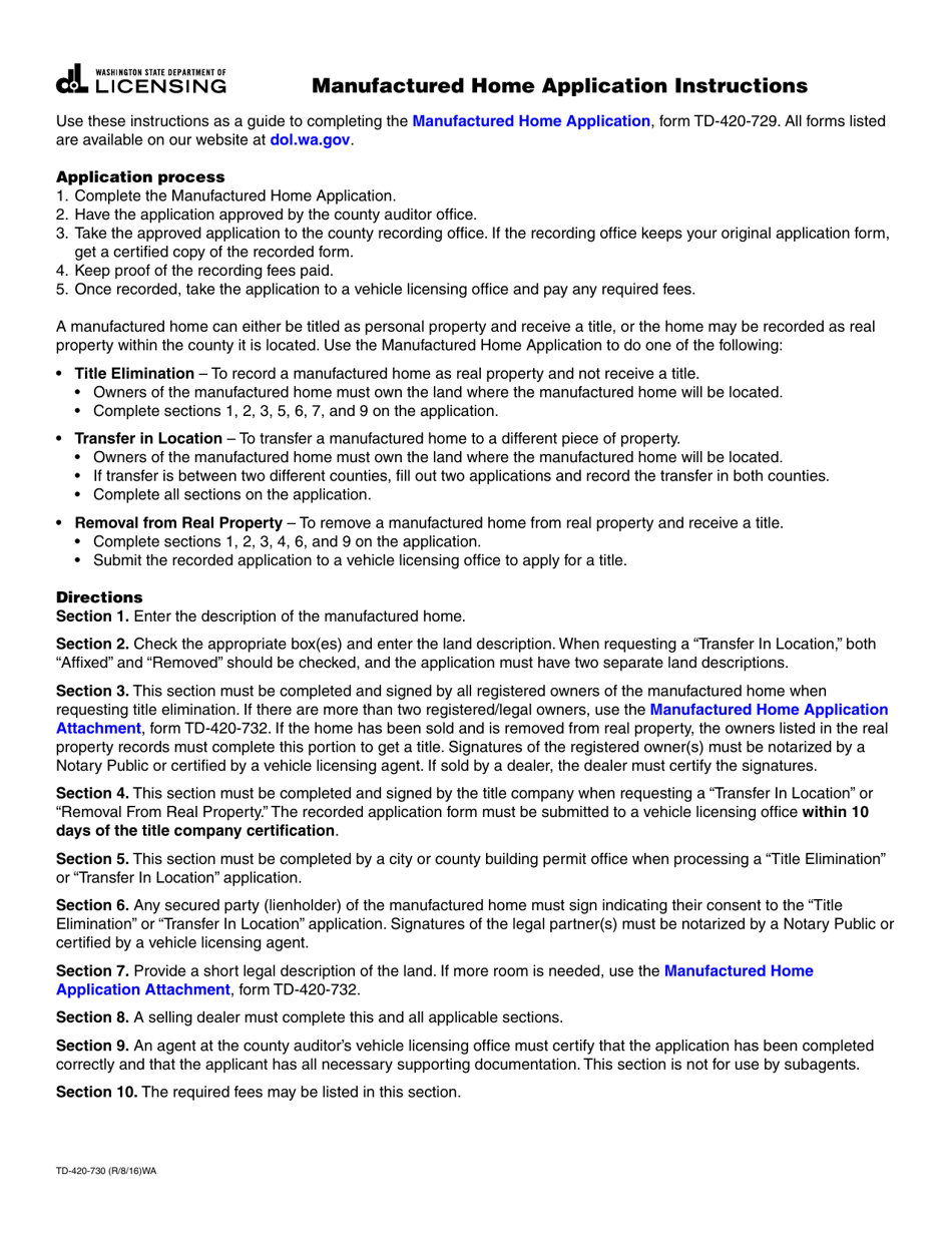 Instructions for Form TD-420-729 Manufactured Home Application - Washington, Page 1