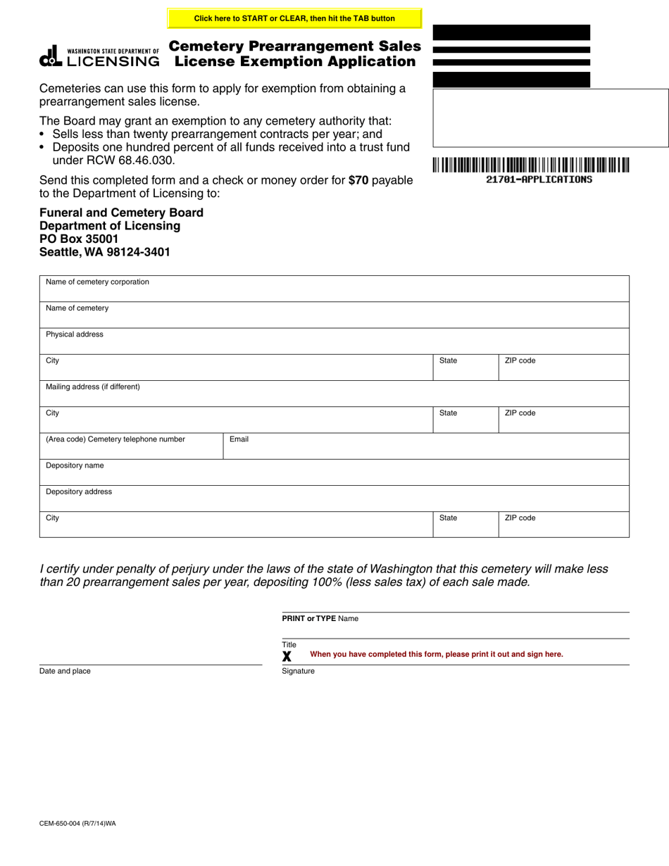 Form CEM-650-004 Cemetery Prearrangement Sales License Exemption Application - Washington, Page 1