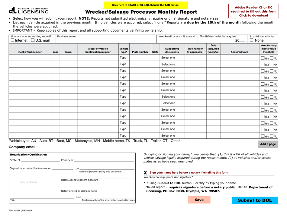 Form TD-420-538 Wrecker / Salvage Processor Monthly Report - Washington, Page 1