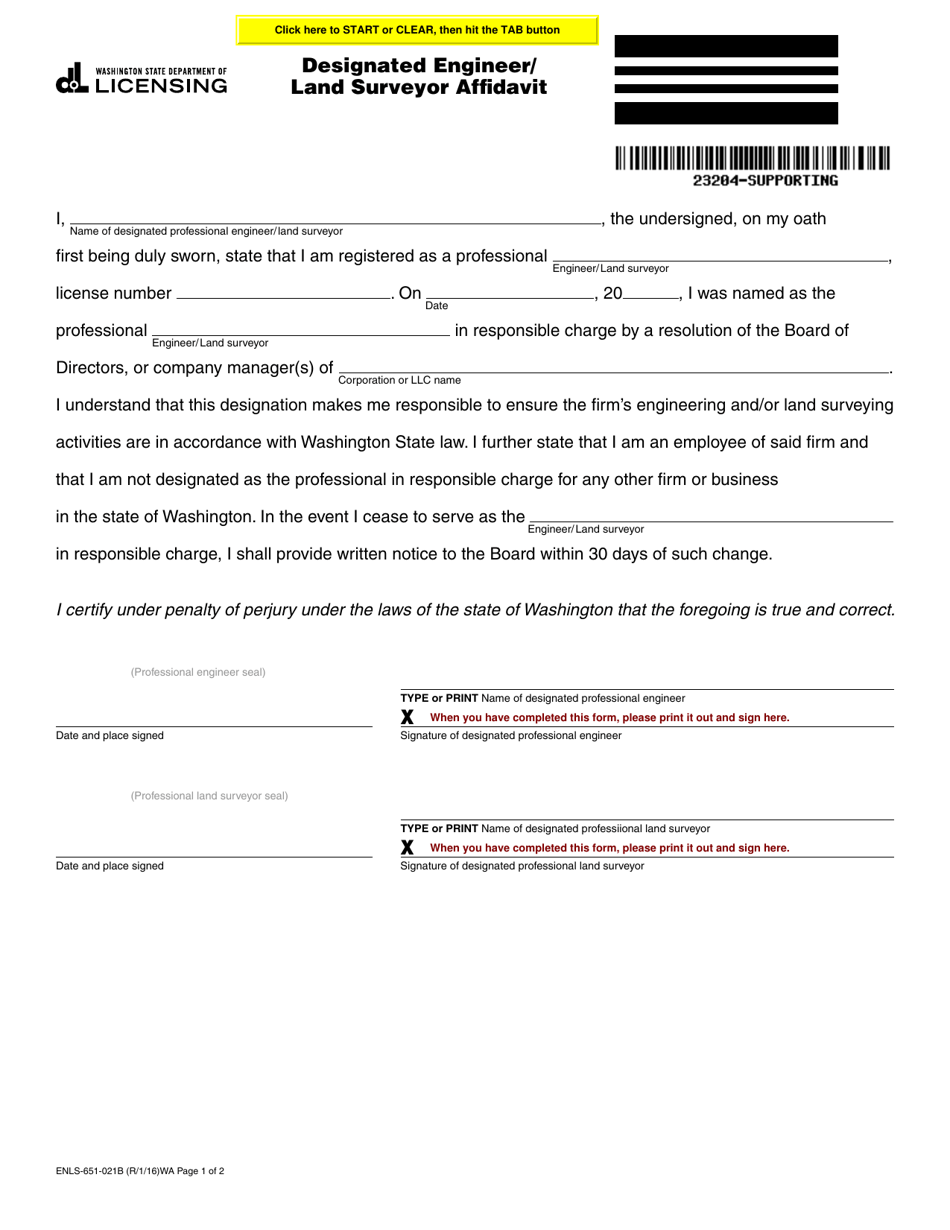 Form ENLS-651-021B Designated Engineer / Land Surveyor Affidavit - Washington, Page 1