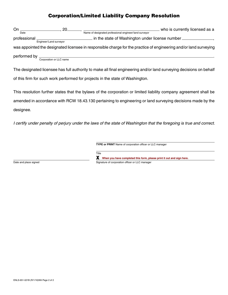 Form ENLS-651-021B Designated Engineer / Land Surveyor Affidavit - Washington, Page 2