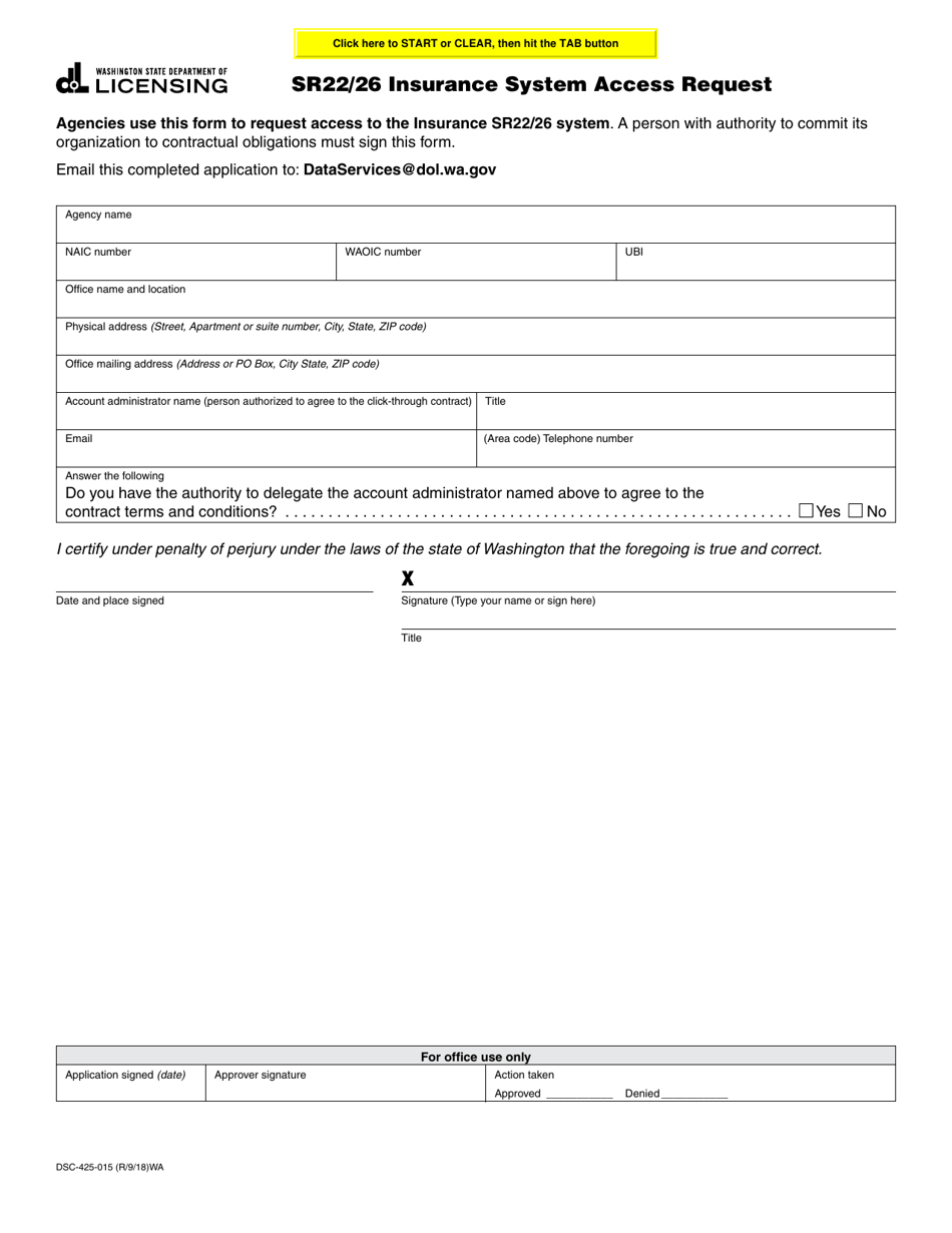 Form DSC-425-015 Sr22 / 26 Insurance System Access Request - Washington, Page 2