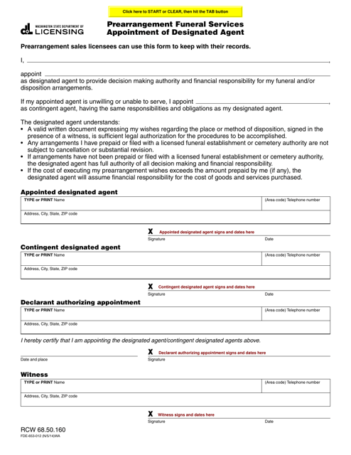 Form FDE-653-012 Prearrangement Funeral Services Appointment of Designated Agent - Washington