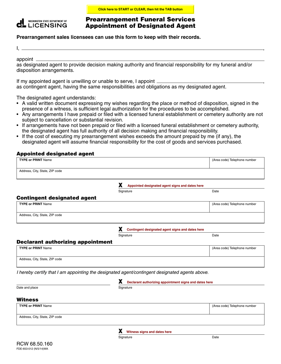 Form FDE-653-012 Prearrangement Funeral Services Appointment of Designated Agent - Washington, Page 1