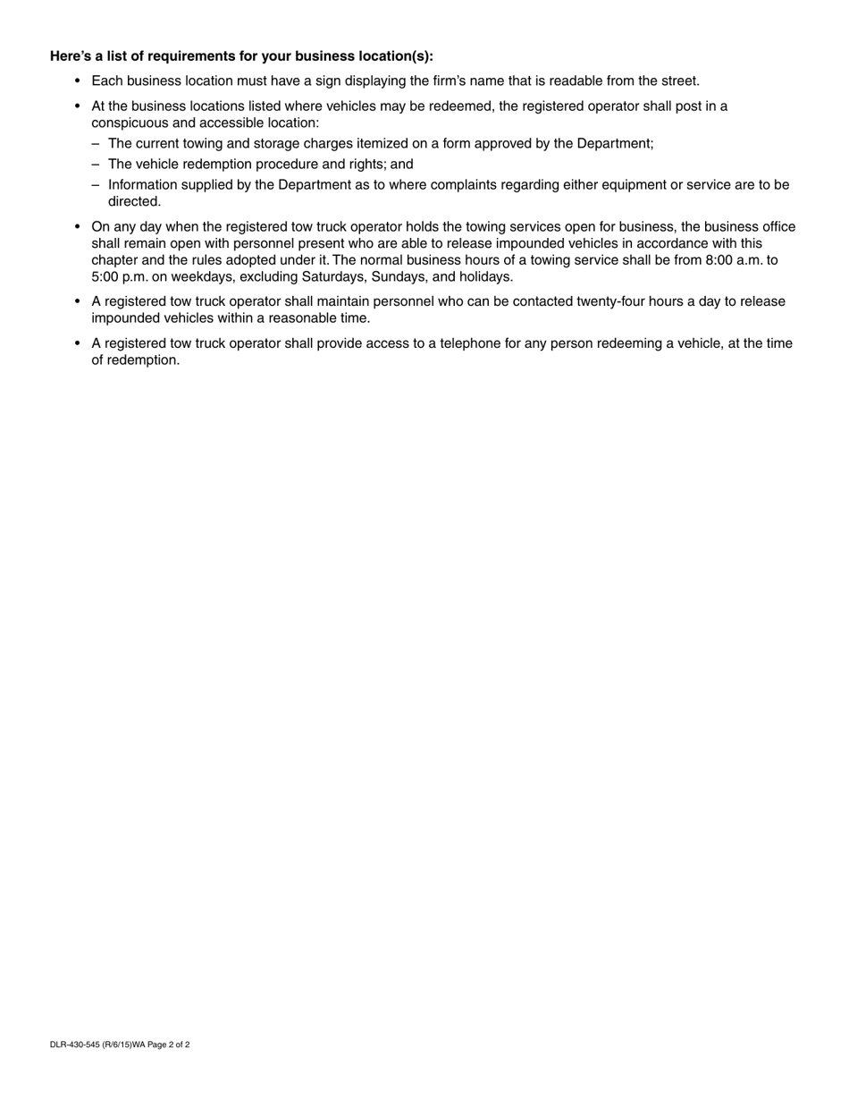 Form DLR-430-545 Registered Tow Truck Operator Checklist - Washington, Page 2