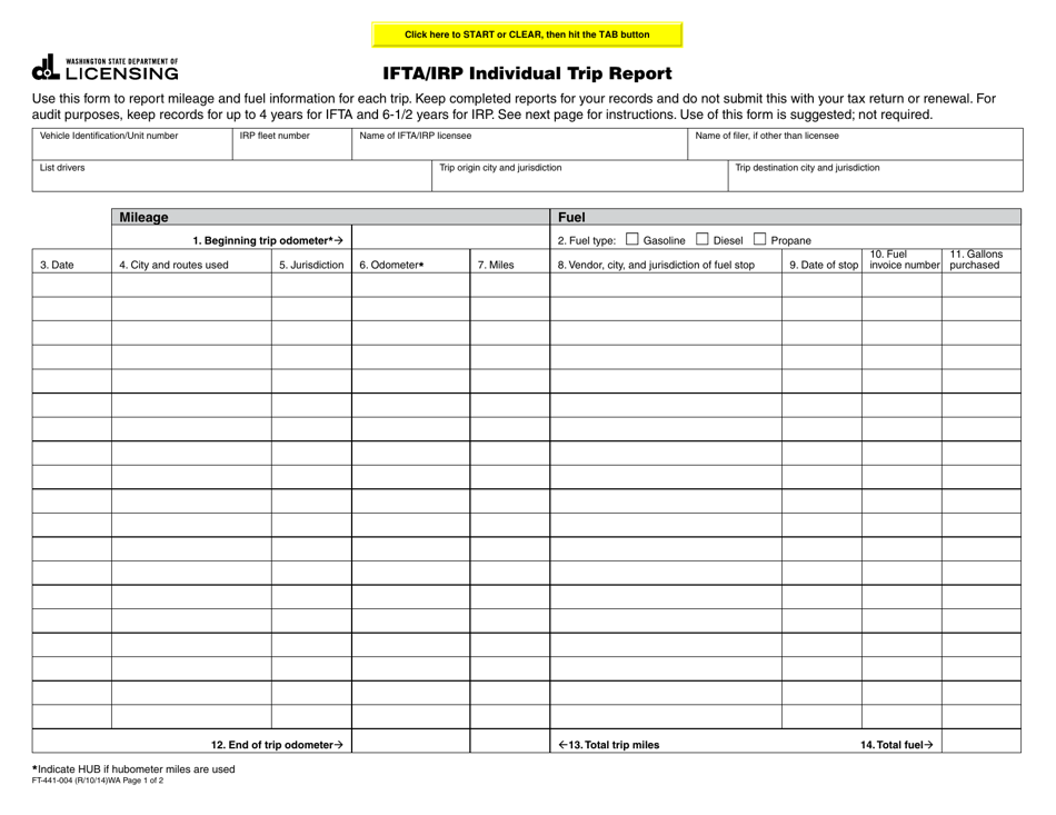 Form FT-441-004 Ifta / Irp Individual Trip Report - Washington, Page 1