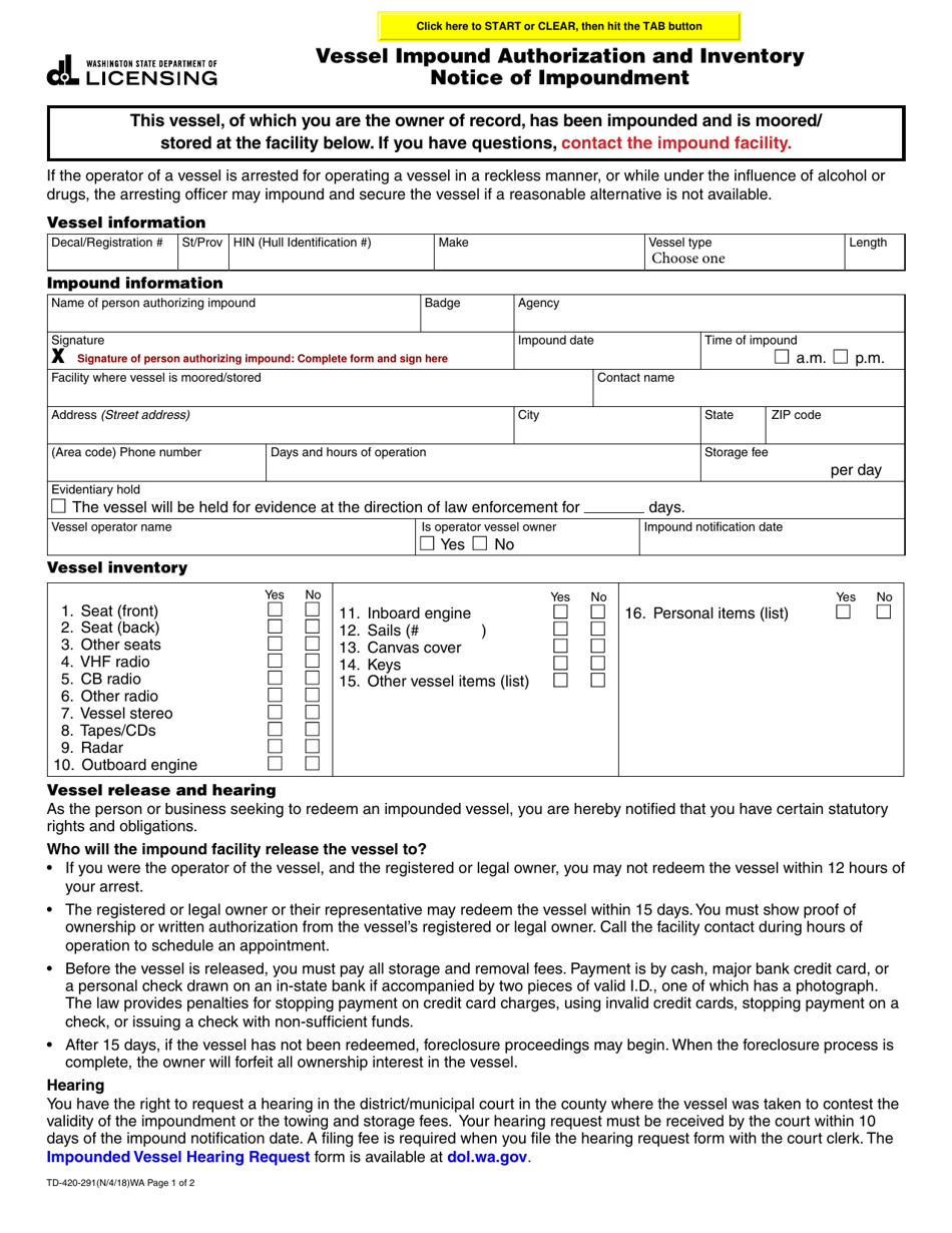 Form TD-420-291 Vessel Impound Authorization and Inventory Notice of Improvement - Washington, Page 1