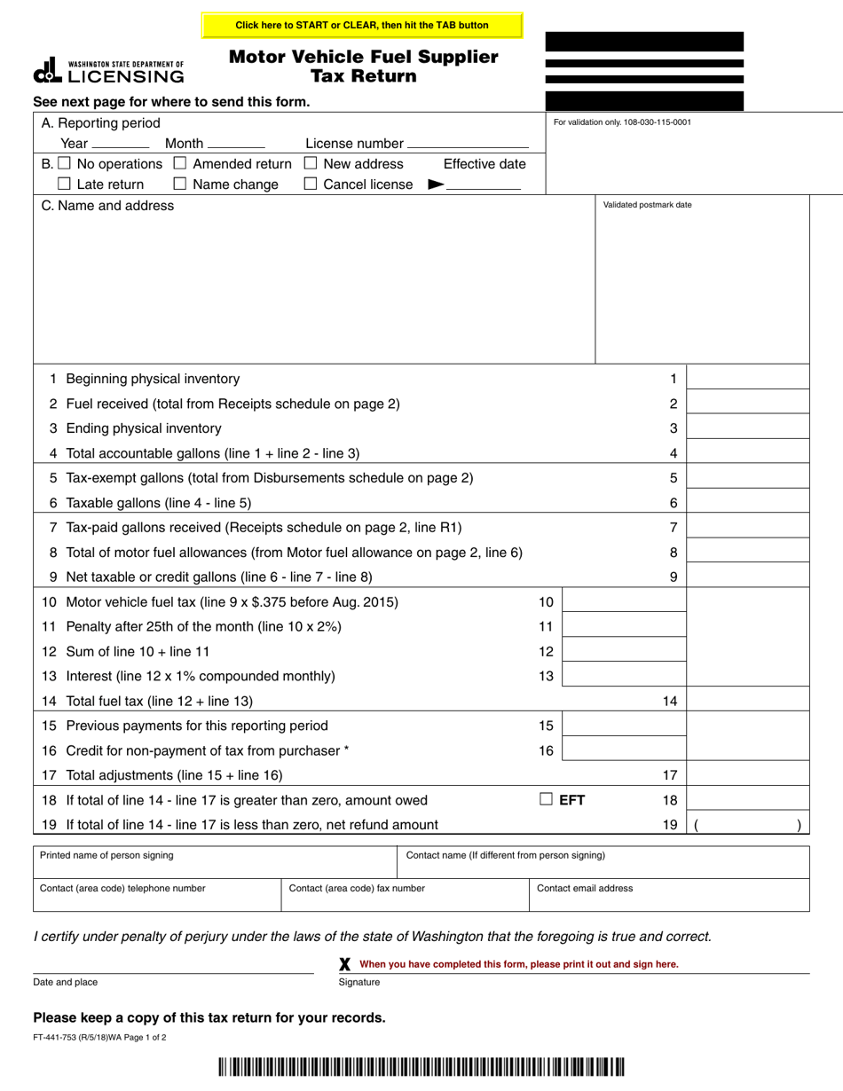 Form FT-441-753 Motor Vehicle Fuel Supplier Tax Return - Washington, Page 1