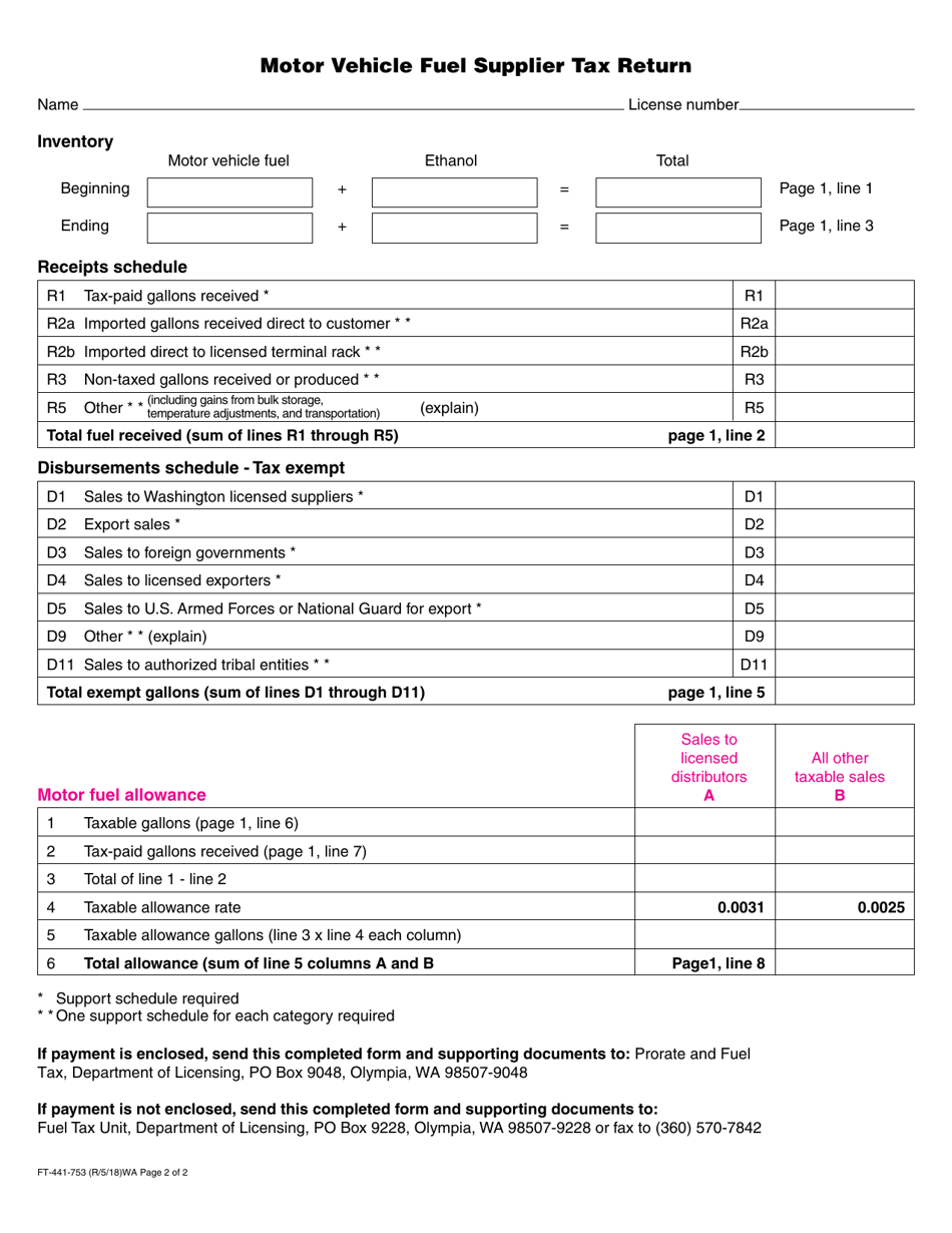 Form FT-441-753 Motor Vehicle Fuel Supplier Tax Return - Washington, Page 2