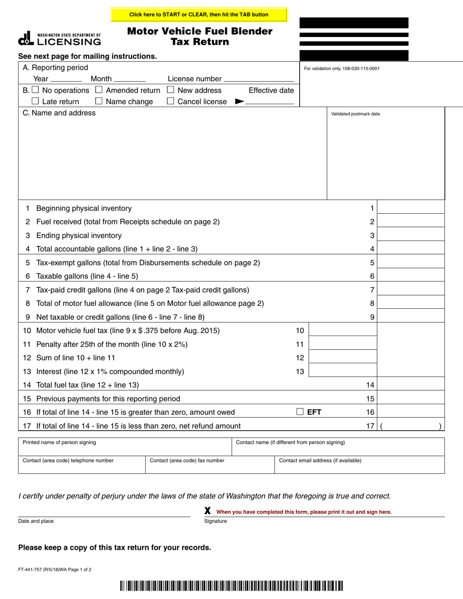 Form FT-441-757 Motor Vehicle Fuel Blender Tax Return - Washington, Page 1