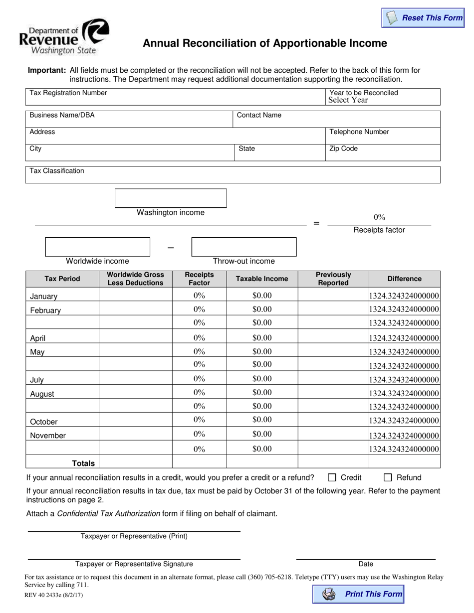 Form REV40 2433E Annual Reconciliation of Apportionable Income - Washington, Page 1
