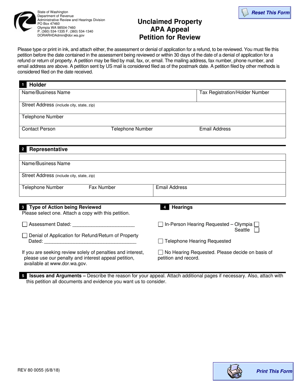 Form REV80 0055 Unclaimed Property Apa Appeal Petition for Review - Washington, Page 1