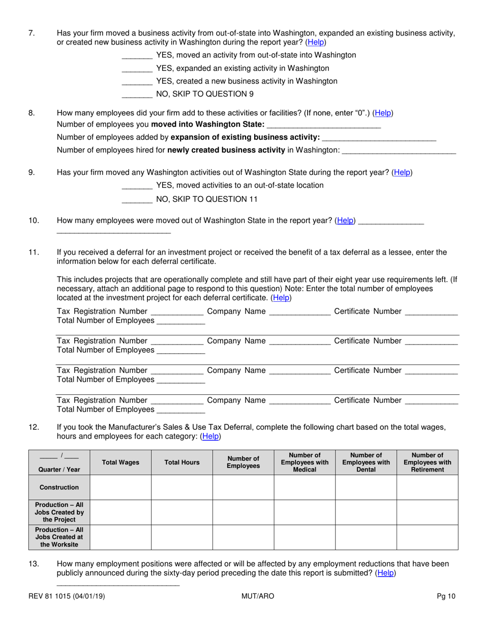 Form REV81 1015 Annual Tax Performance Report for Preferential Tax Rates / Credits / Exemptions / Deferrals Worksheet - Washington, Page 10