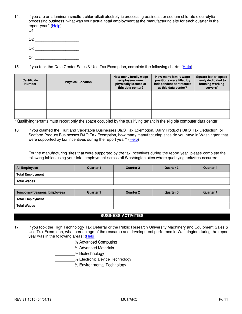Form REV81 1015 Annual Tax Performance Report for Preferential Tax Rates / Credits / Exemptions / Deferrals Worksheet - Washington, Page 11