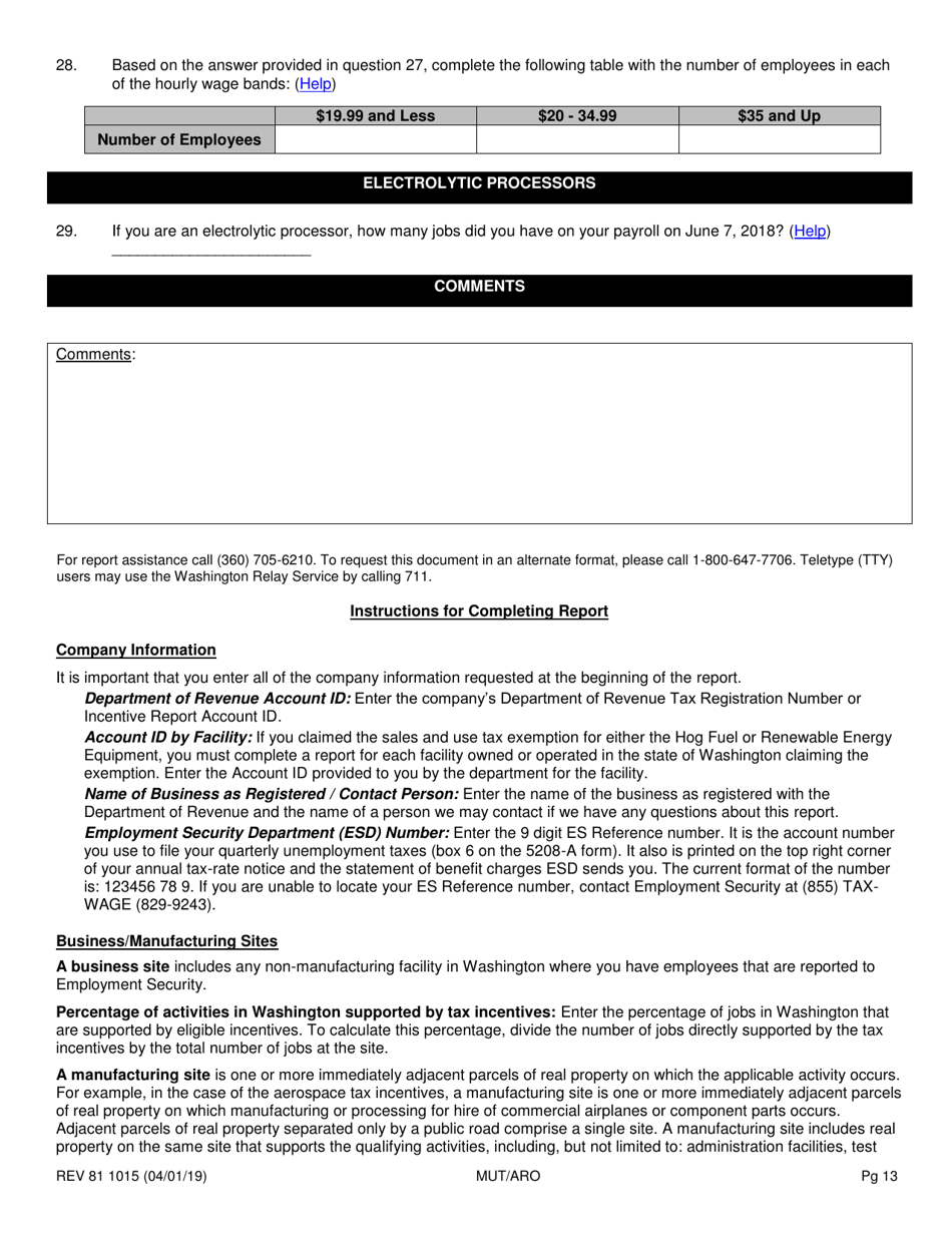 Form REV81 1015 Annual Tax Performance Report for Preferential Tax Rates / Credits / Exemptions / Deferrals Worksheet - Washington, Page 13