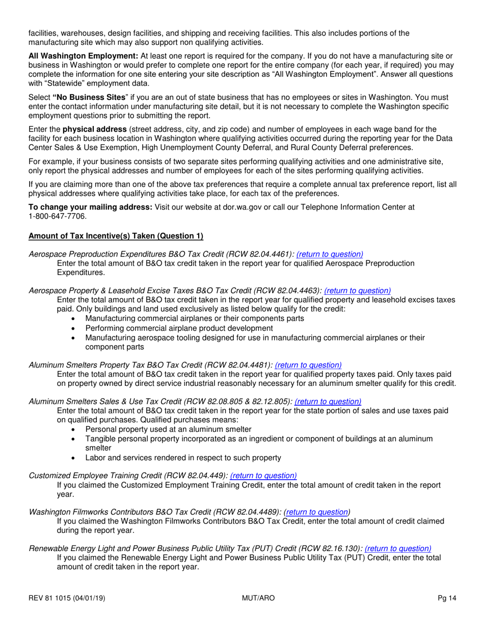 Form REV81 1015 Annual Tax Performance Report for Preferential Tax Rates / Credits / Exemptions / Deferrals Worksheet - Washington, Page 14