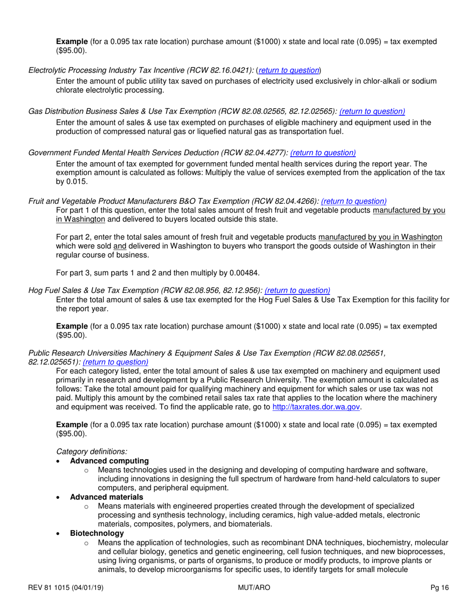 Form REV81 1015 Annual Tax Performance Report for Preferential Tax Rates / Credits / Exemptions / Deferrals Worksheet - Washington, Page 16