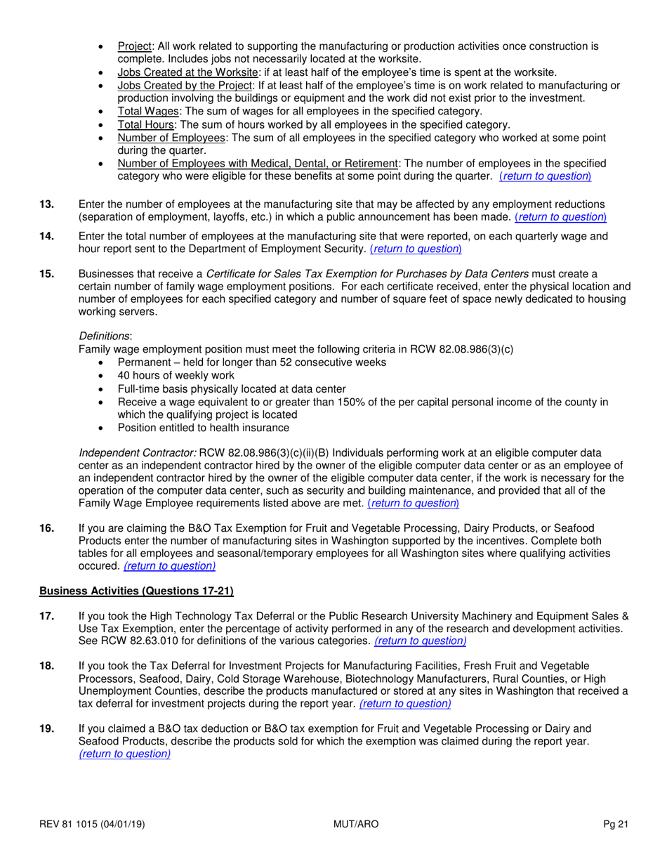 Form REV81 1015 Annual Tax Performance Report for Preferential Tax Rates / Credits / Exemptions / Deferrals Worksheet - Washington, Page 21