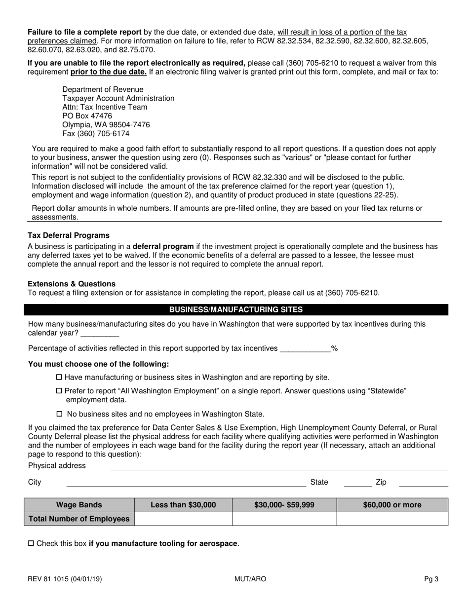 Form REV81 1015 Annual Tax Performance Report for Preferential Tax Rates / Credits / Exemptions / Deferrals Worksheet - Washington, Page 3