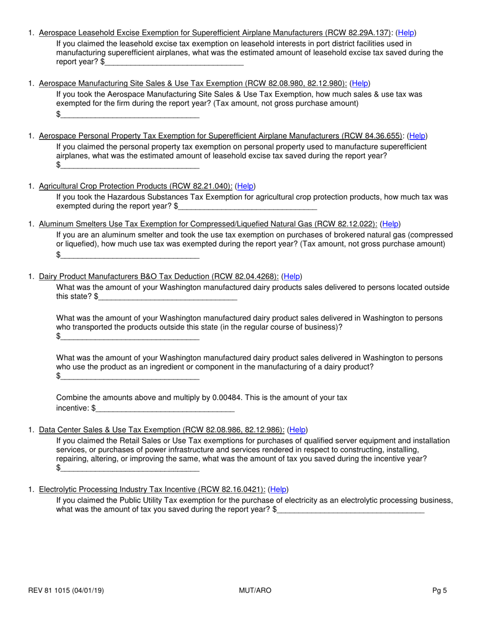 Form REV81 1015 Annual Tax Performance Report for Preferential Tax Rates / Credits / Exemptions / Deferrals Worksheet - Washington, Page 5