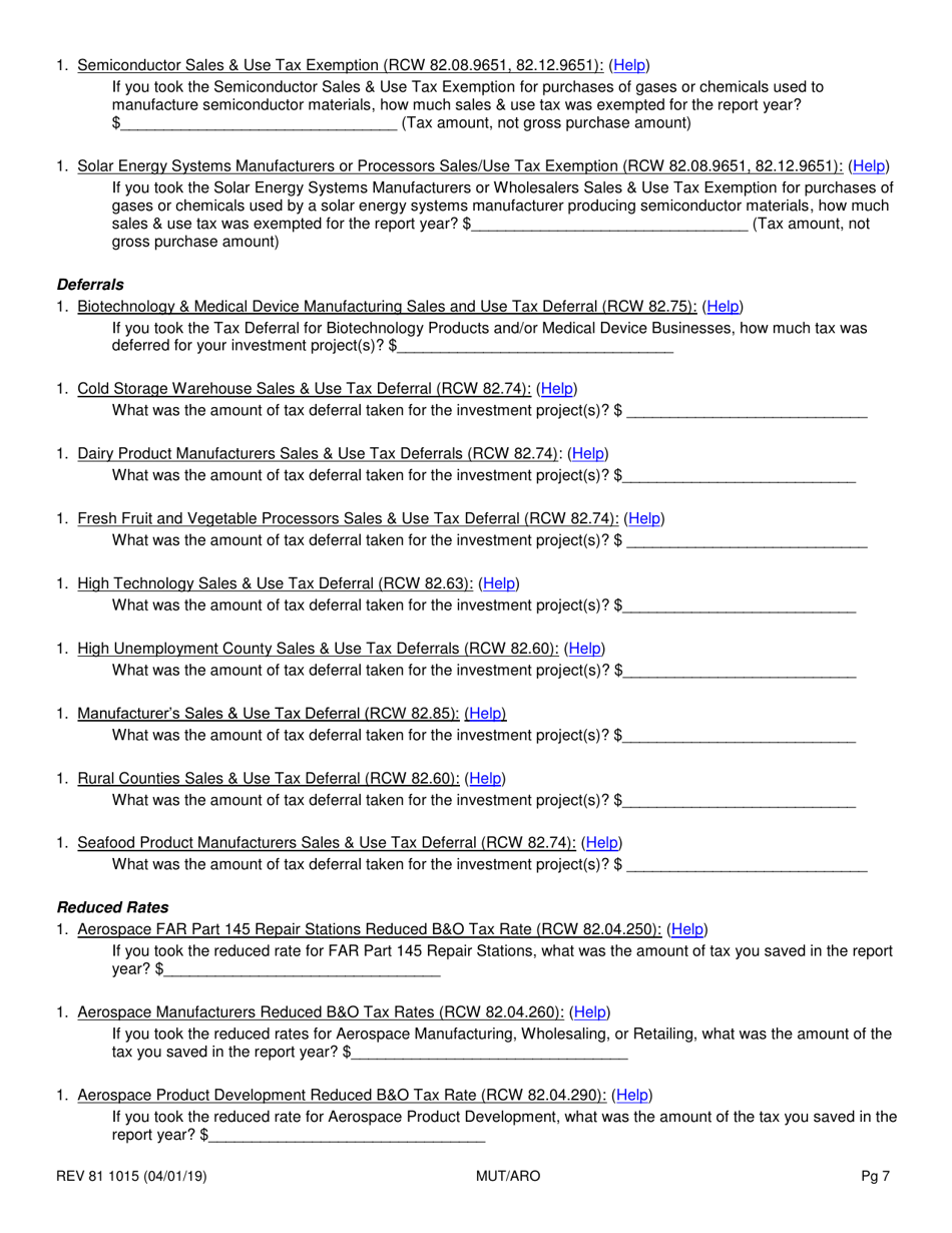 Form REV81 1015 Annual Tax Performance Report for Preferential Tax Rates / Credits / Exemptions / Deferrals Worksheet - Washington, Page 7