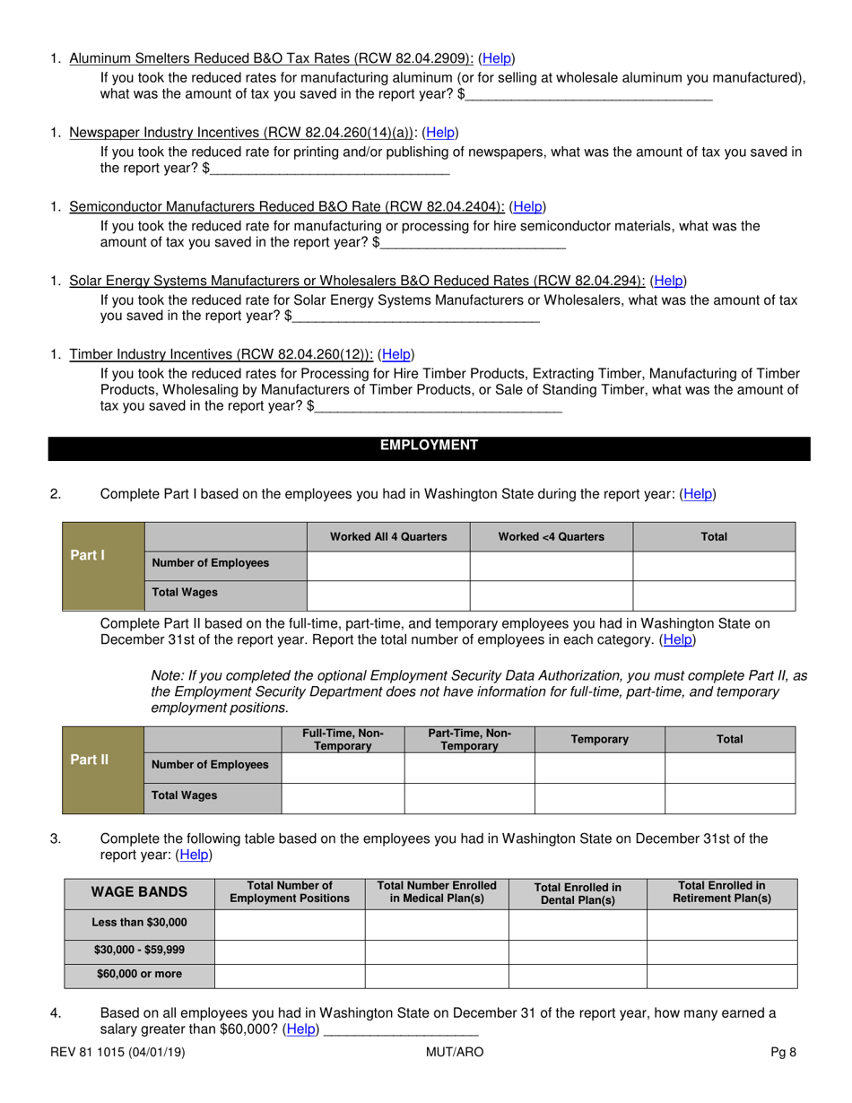 Form REV81 1015 Annual Tax Performance Report for Preferential Tax Rates / Credits / Exemptions / Deferrals Worksheet - Washington, Page 8