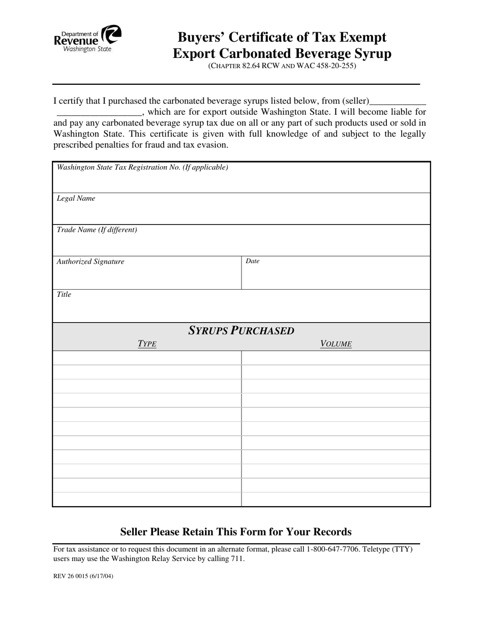 Form REV26 0015 Buyers Certificate of Tax Exempt Export Carbonated Beverage Syrup - Washington, Page 1