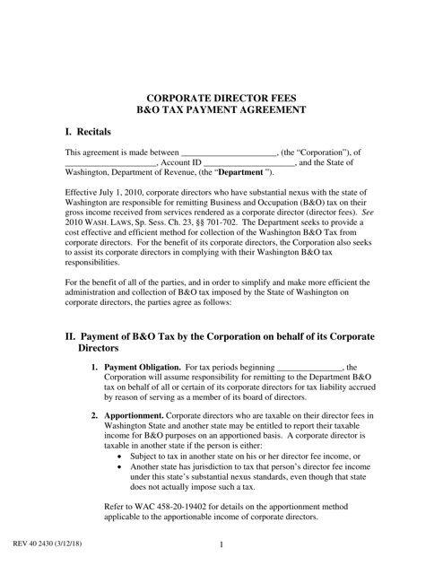 Form REV40 2430 Corporate Director Fees B&amp;o Tax Payment Agreement - Washington
