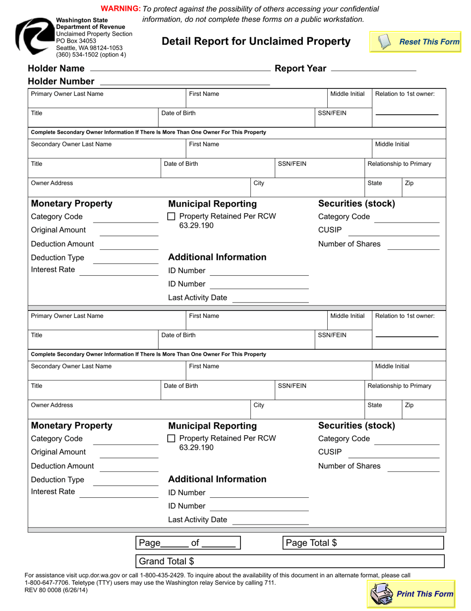 Form REV80 0008 Detail Report for Unclaimed Property - Washington, Page 1