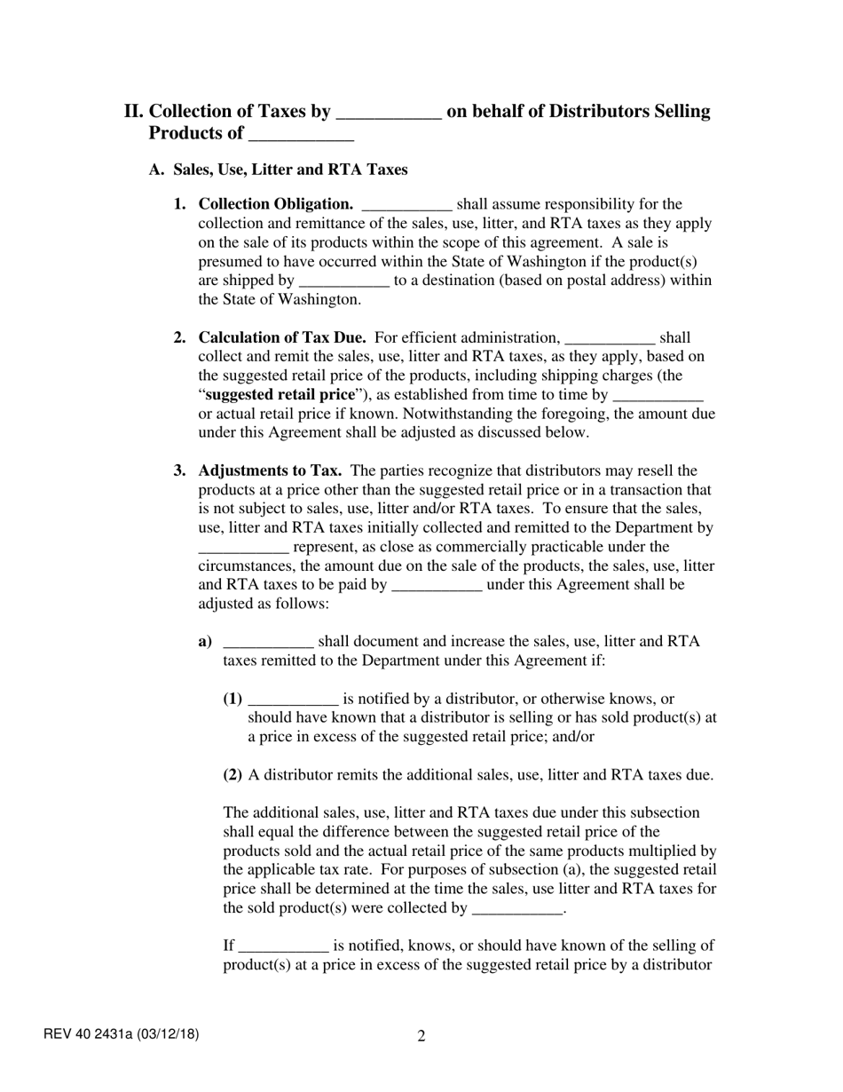 Form REV40 2431A Direct Selling / Multi-Level Organizations Tax Collection Agreement - Washington, Page 2