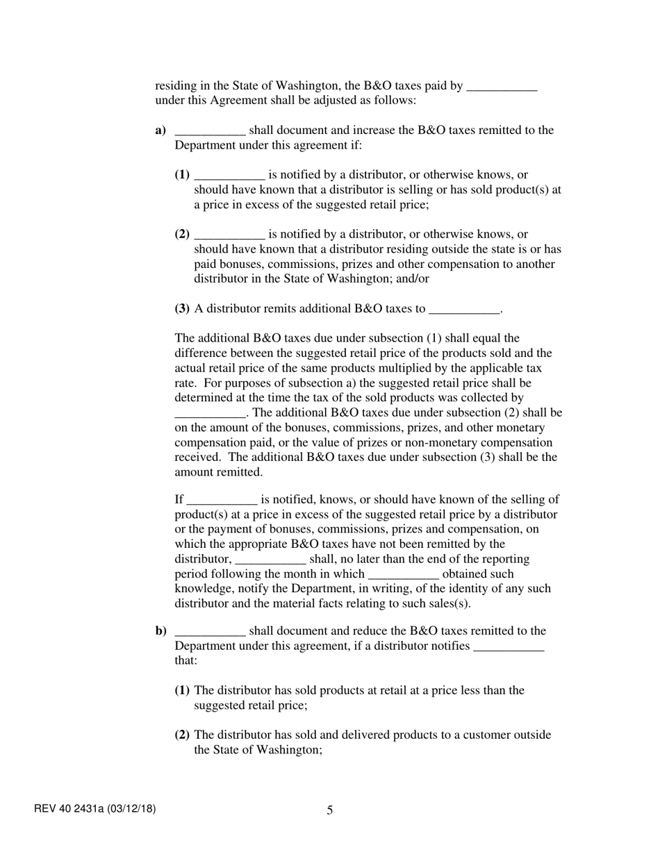 Form REV40 2431A Direct Selling / Multi-Level Organizations Tax Collection Agreement - Washington, Page 5