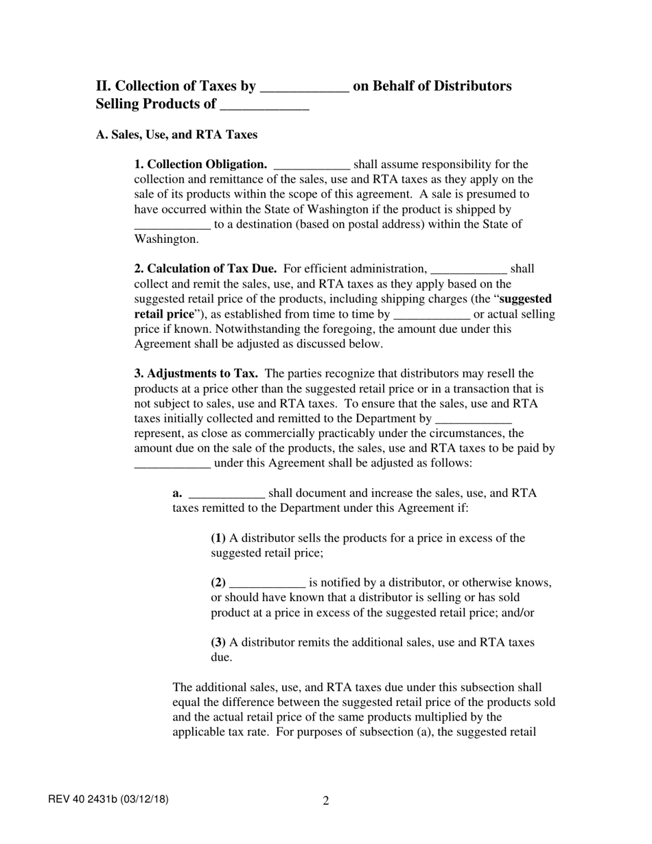 Form REV40 2431B Direct Selling / Multi-Level Organizations Tax Collection Agreement - Washington, Page 2