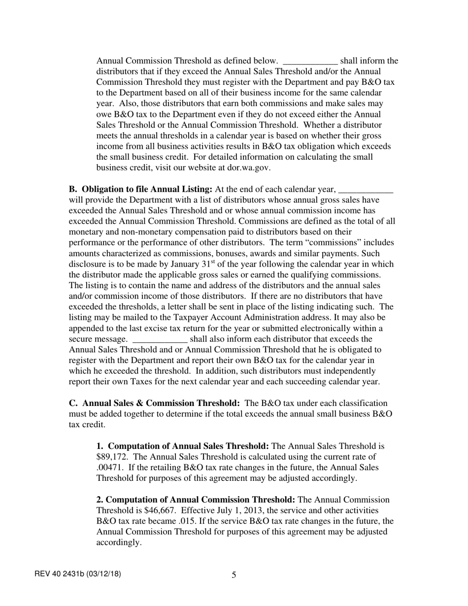 Form REV40 2431B Direct Selling / Multi-Level Organizations Tax Collection Agreement - Washington, Page 5
