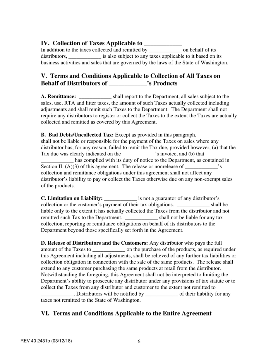 Form REV40 2431B Direct Selling / Multi-Level Organizations Tax Collection Agreement - Washington, Page 6