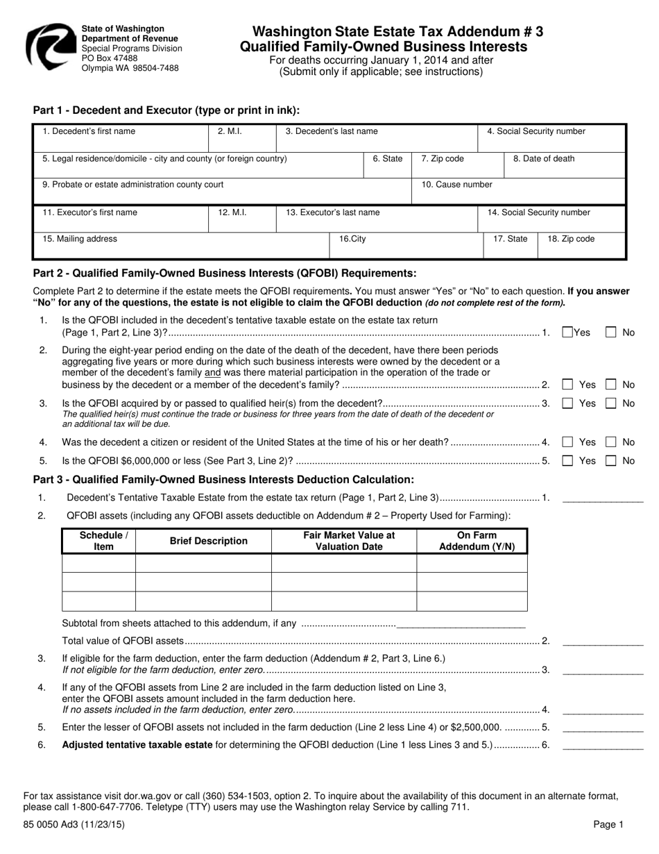 Form 85 0050 Washington State Estate Tax Addendum 3 - Qualified Family-Owned Business Interests - Washington, Page 1