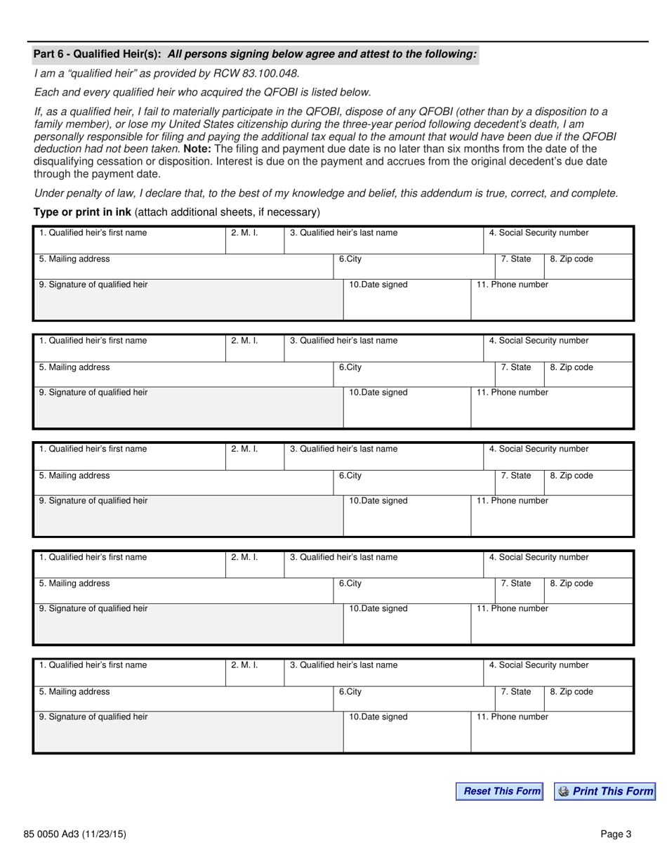 Form 85 0050 Washington State Estate Tax Addendum 3 - Qualified Family-Owned Business Interests - Washington, Page 3