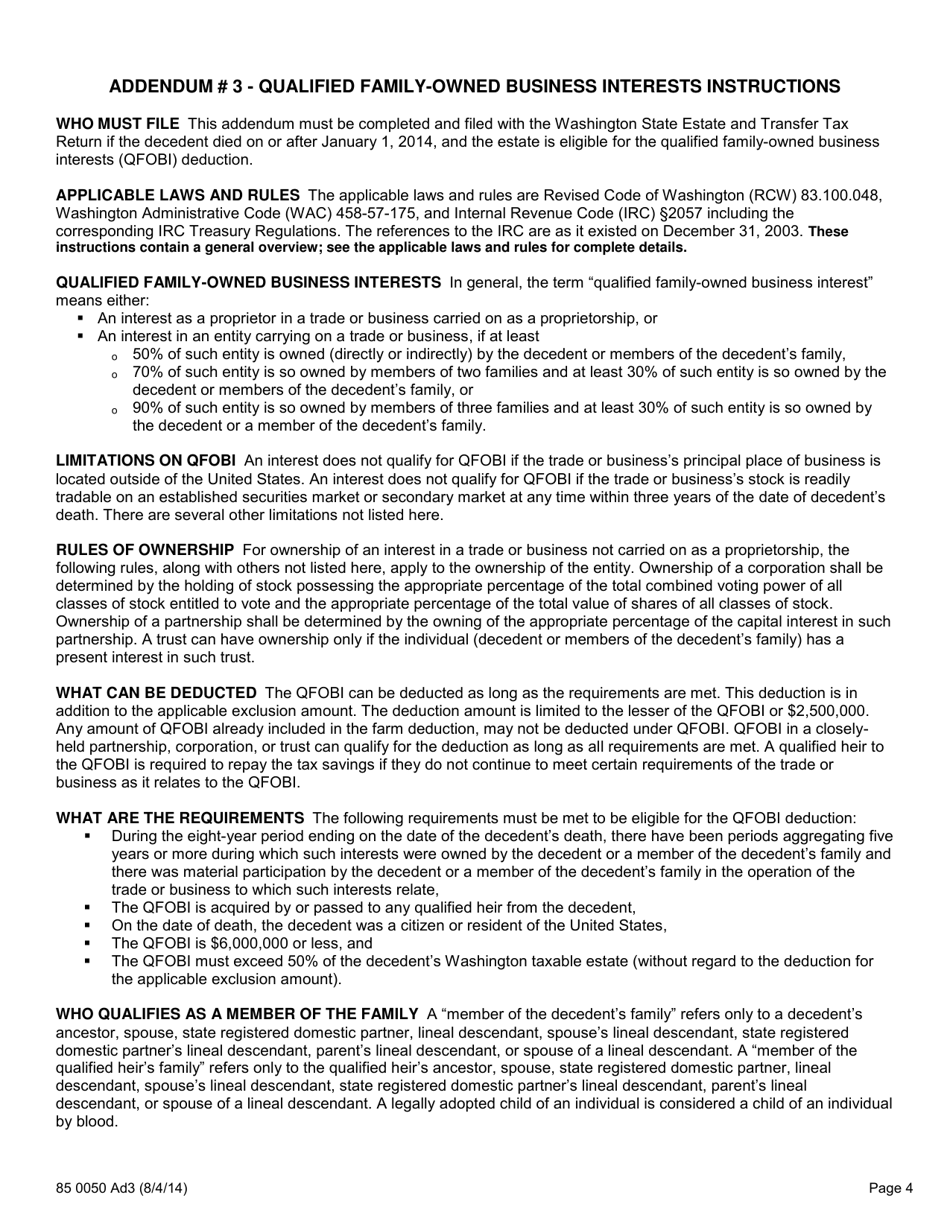 Form 85 0050 Washington State Estate Tax Addendum 3 - Qualified Family-Owned Business Interests - Washington, Page 4