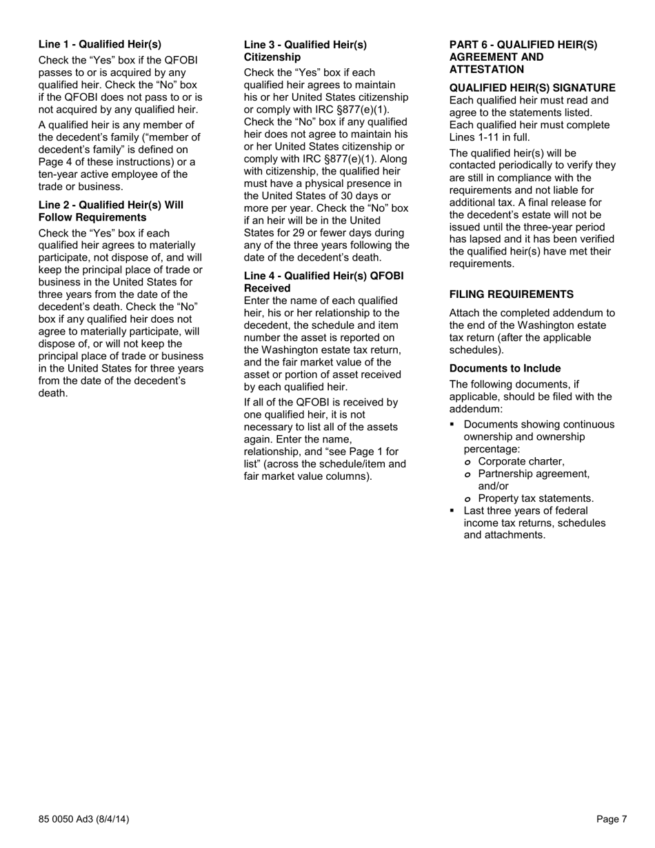 Form 85 0050 Washington State Estate Tax Addendum 3 - Qualified Family-Owned Business Interests - Washington, Page 7