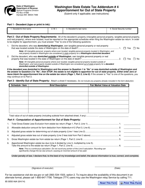 Form 85 0050 Washington State Estate Tax Addendum 4 - Apportionment for out of State Property - Washington