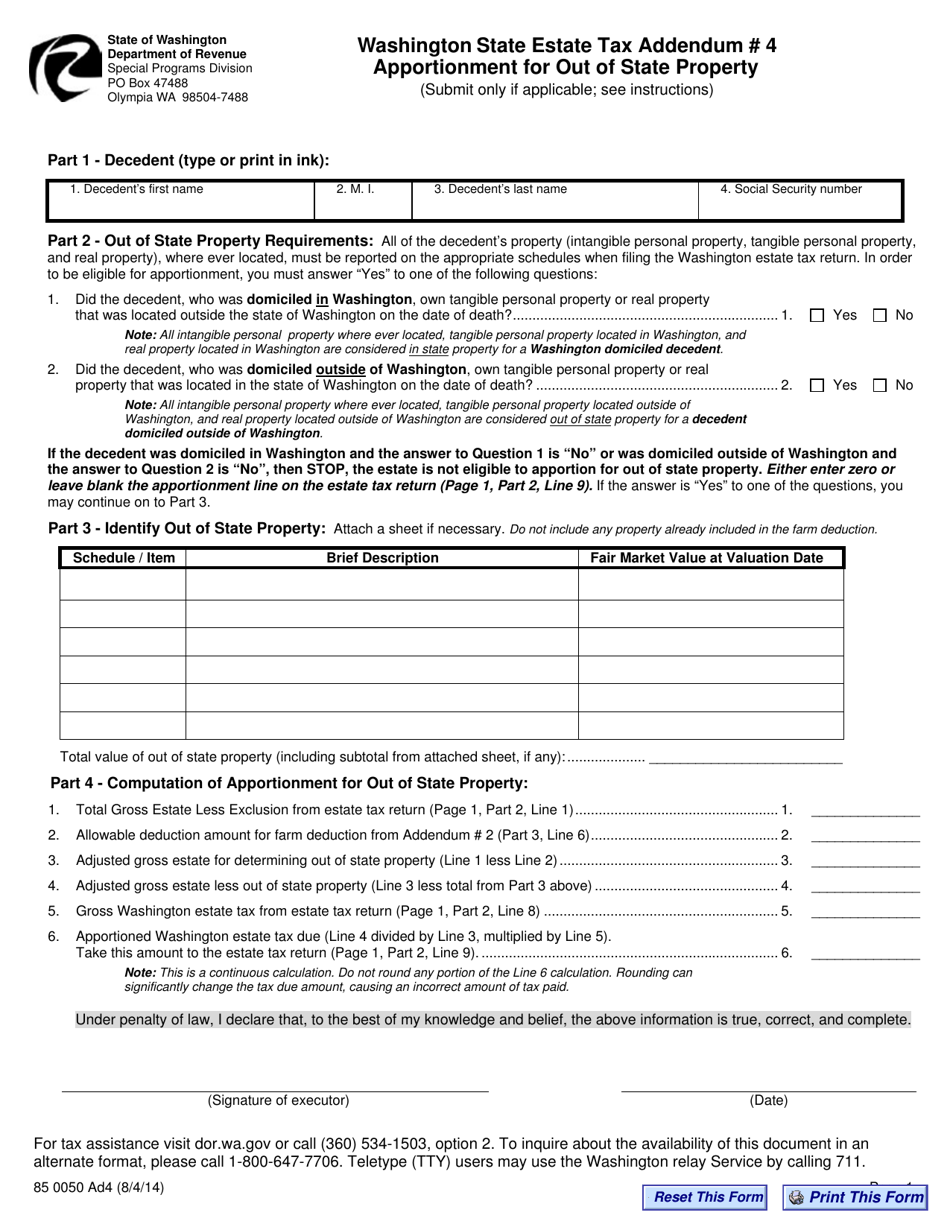Form 85 0050 Washington State Estate Tax Addendum 4 - Apportionment for out of State Property - Washington, Page 1