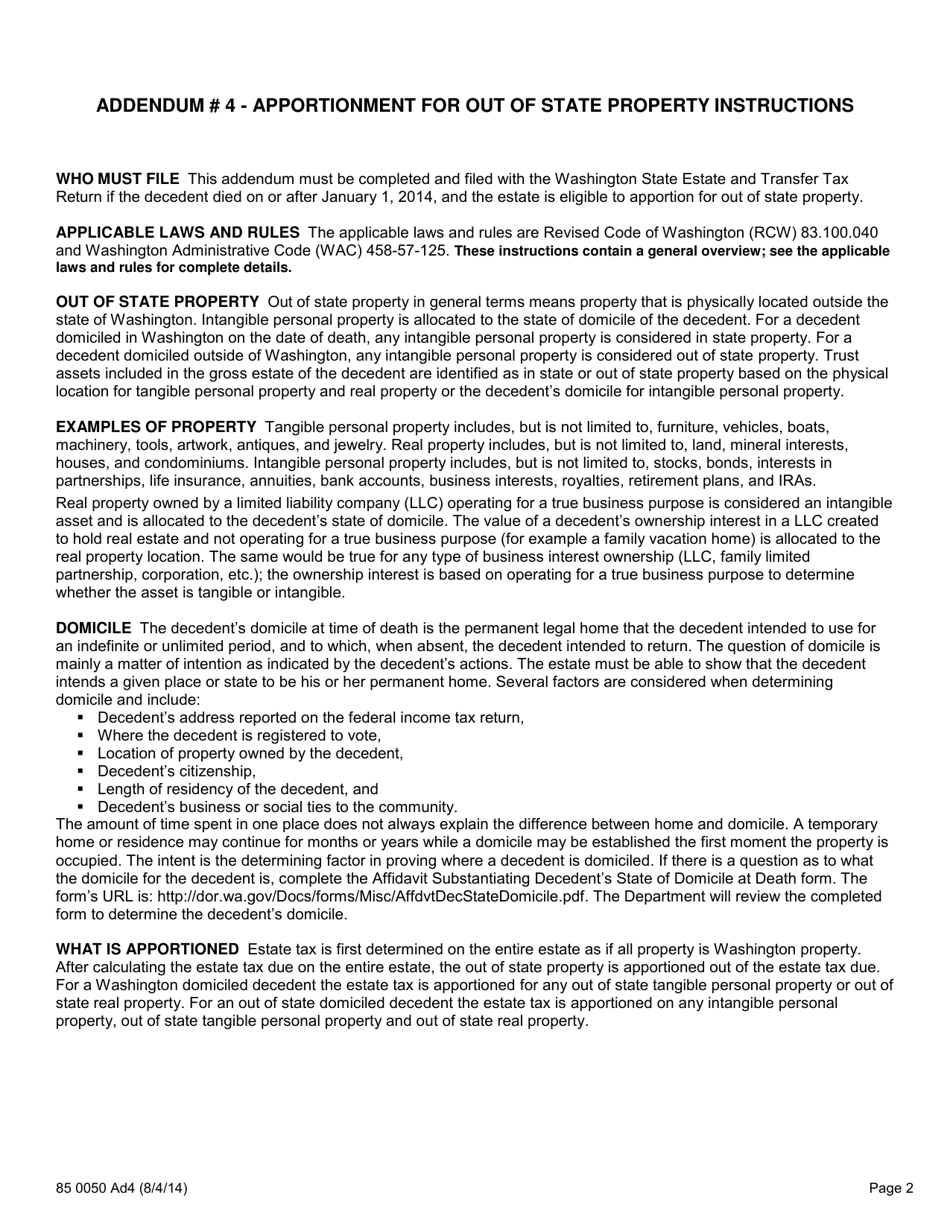 Form 85 0050 Washington State Estate Tax Addendum 4 - Apportionment for out of State Property - Washington, Page 2