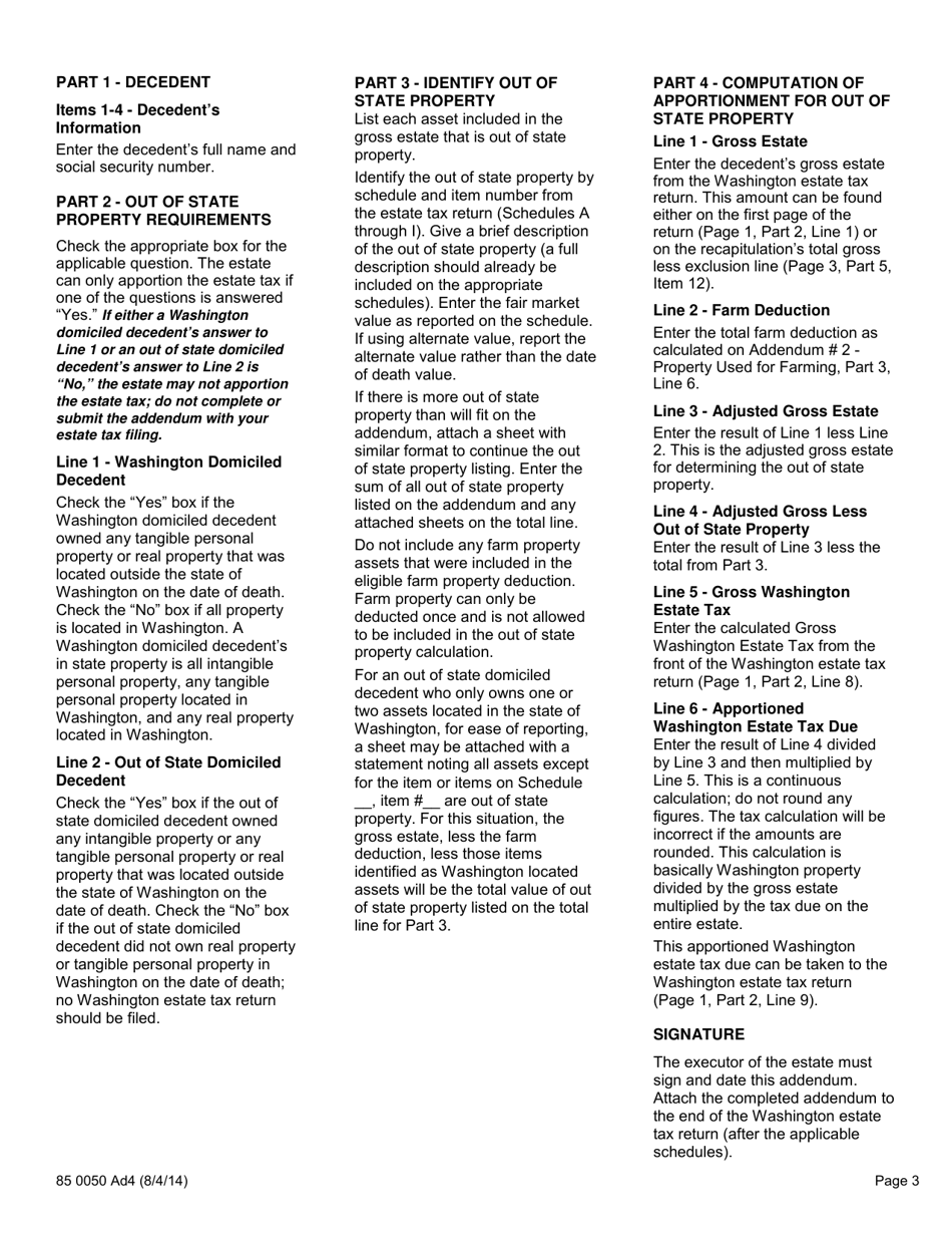 Form 85 0050 Washington State Estate Tax Addendum 4 - Apportionment for out of State Property - Washington, Page 3