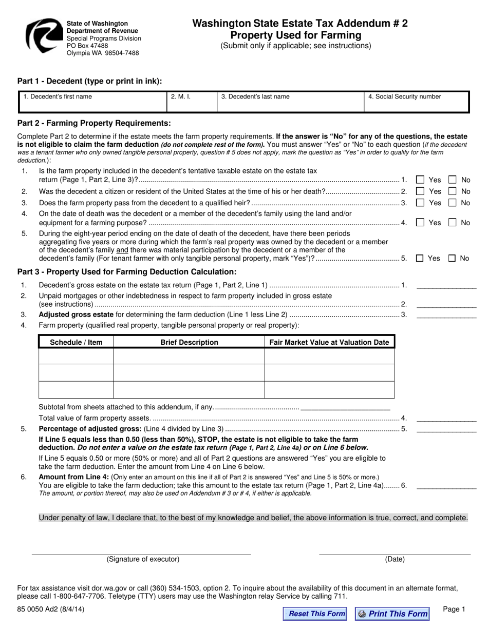 Form 85 0050 Washington State Estate Tax Addendum 2 - Property Used for Farming - Washington, Page 1