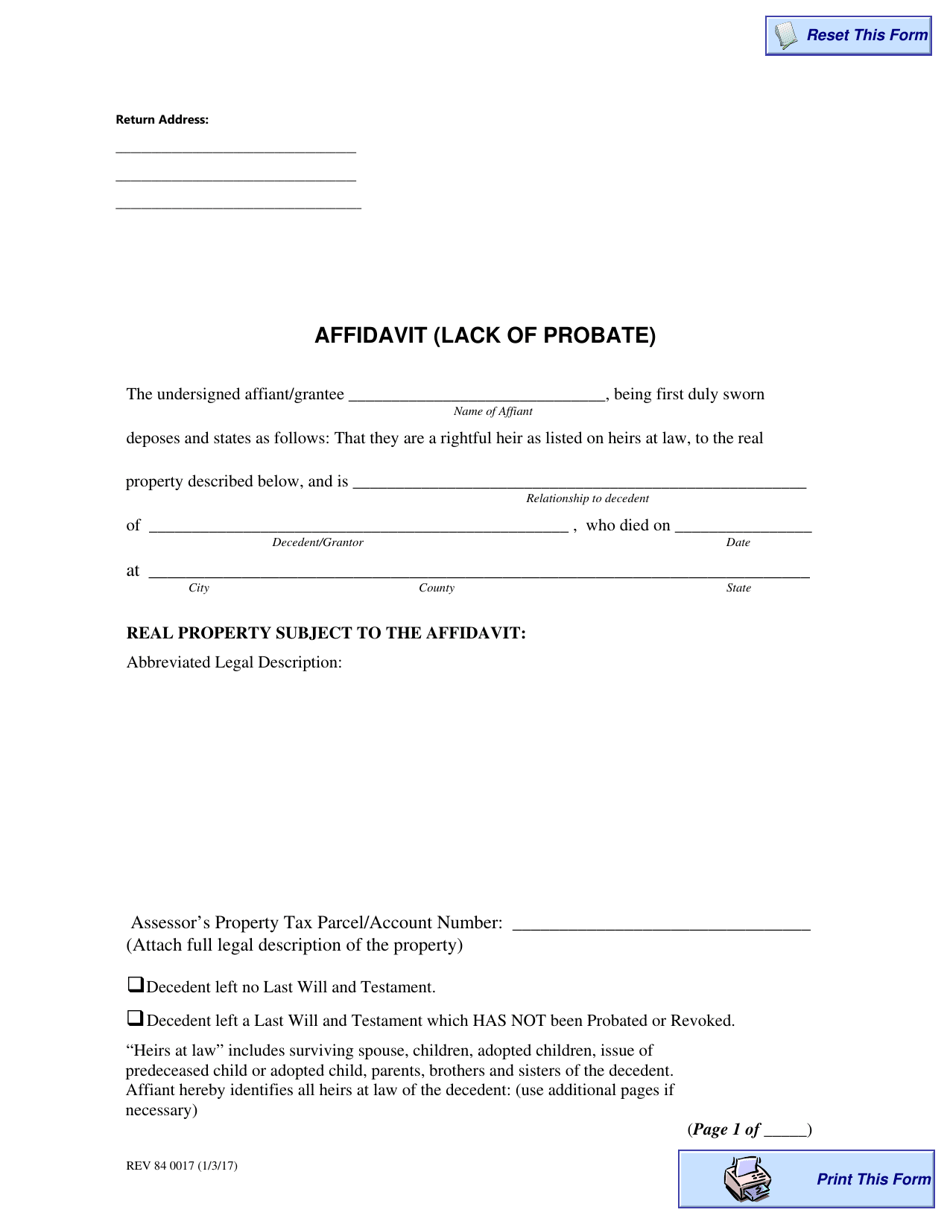 Form REV84 0017 Affidavit (Lack of Probate) - Washington, Page 1