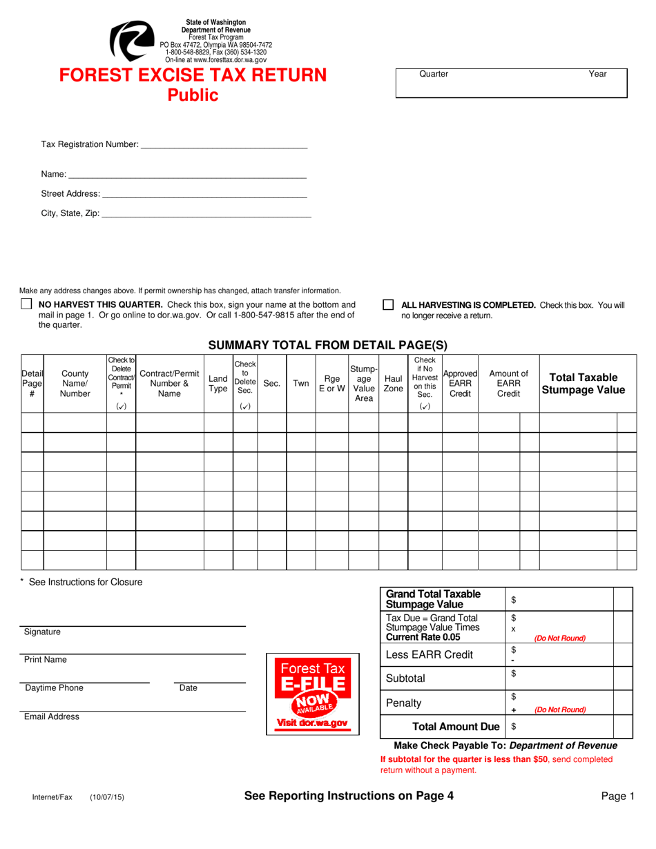 Public Harvester Forest Excise Tax Return - Washington, Page 1