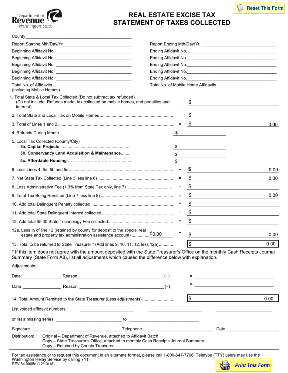 Form REV84 0005E Real Estate Excise Tax Statement of Taxes Collected - Washington, Page 1