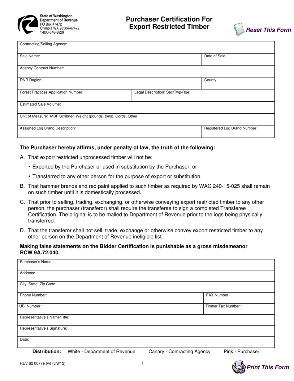 Form REV62 0077E Purchaser Certification for Export Restricted Timber - Washington, Page 1